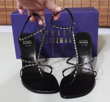 Stuart Weitzman Womens Size 9 T-strap Heels Sandal Black Shoes Chain Teaparty