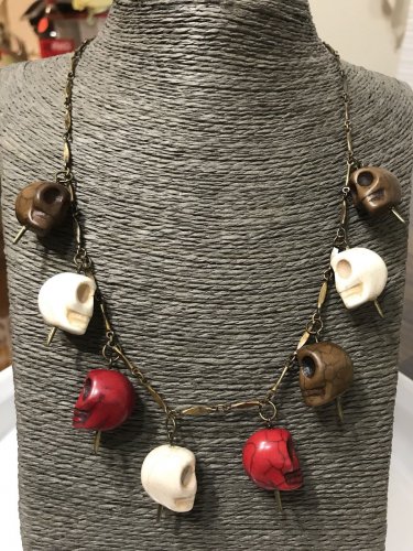 Skulls & Spikes Statement Necklace Men Women Ivory Red Brown Goth Antique Brass Chain