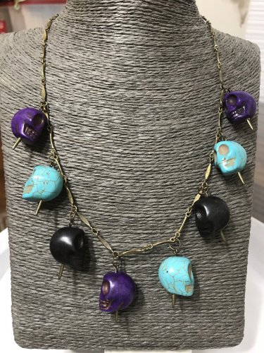 Skulls & Spikes Statement Necklace Men Women Turquoise Black Purple Goth Antique Brass Chain
