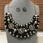 Bib Style Collar Necklace & Earrings Set Black Felt Oversized Tribal Silver Beads Chain Statement