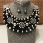 Bib Style Collar Necklace & Earrings Set Black Felt Oversized Tribal Silver Beads Chain Statement