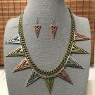 Triangle Spikes Necklace & Earrings Set Geometric Abstract Tribal Antique Silver Brass Copper Chain
