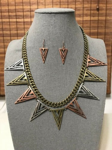 Triangle Spikes Necklace & Earrings Set Geometric Abstract Tribal Antique Silver Brass Copper Chain