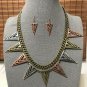 Triangle Spikes Necklace & Earrings Set Geometric Abstract Tribal Antique Silver Brass Copper Chain