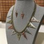 Triangle Spikes Necklace & Earrings Set Geometric Abstract Tribal Antique Silver Brass Copper Chain