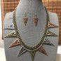 Triangle Spikes Necklace & Earrings Set Geometric Abstract Tribal Antique Silver Brass Copper Chain