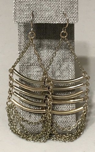 Metal Bars & Draping Chain Earrings 3.60" Drop Chains Gold Layered Chandelier Designer Statement