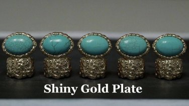 Knuckle Art Statement Ring Blue Faux Turquoise Stone Arty Shiny Gold Stretch