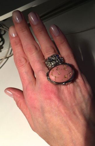 Arty Oval Ring Pink Gold Abstract Vintage Glass Silver Knuckle Art Deco Statement Jewelry Size 6