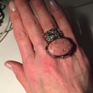Arty Oval Ring Pink Gold Abstract Vintage Glass Silver Knuckle Art Deco Statement Jewelry Size 8