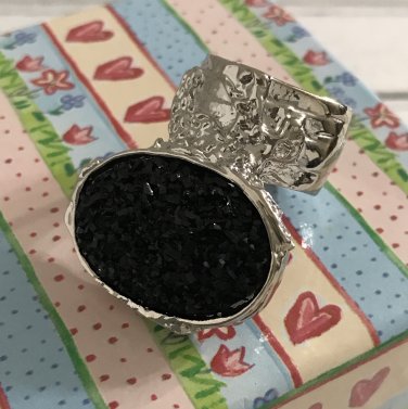 Druzy Style Knuckle Art Statement Ring Black Iridescent Silver Women Arty Armor Size 5