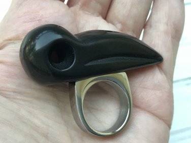 Raven Statement Ring Black Obsidian Silver Stainless Steel Men Women Knuckle Art SIZE 11