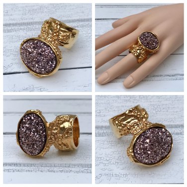 Druzy Style Mauve Rose Arty Statement Ring SIZE 8 Knuckle Art Women Gold Metallic Chunky Jewelry