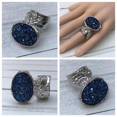 Druzy Style Blue Ice Blue Silver Arty Statement Ring SIZE 8 Knuckle Art Women Chunky Jewelry