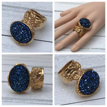 Druzy Style Ice Blue Gold Arty Statement Ring SIZE 8 Knuckle Art Women Chunky Jewelry