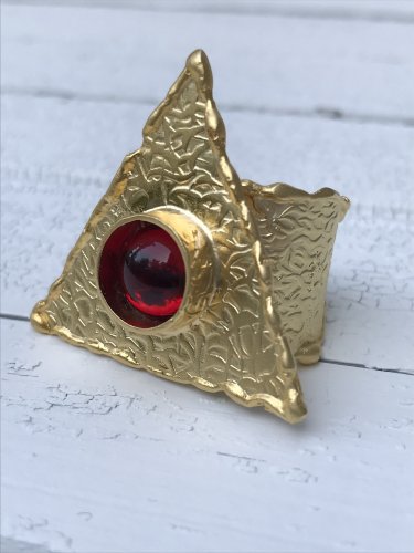 Triangle Statement Ring Chunky Red Glass Stone Gold Adjustable Ring Boho Ring