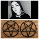 HUGE XL BLACK PENTAGRAM HOOP EARRINGS METAL STATEMENT WOMEN MEN STAR GOTH WICCA
