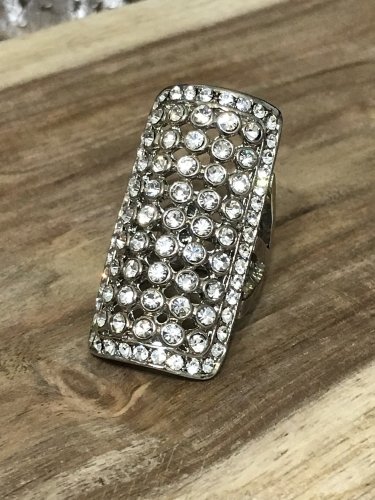 Bling Shield Armor Knuckle Ring Silver Statement Crystals Indie Boho Tribal Size 6.5