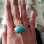 Arty Turquoise Ring Vintage Glass Oval Stone Statement Gold Size 5.5