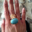 Arty Turquoise Ring Vintage Glass Oval Stone Statement Gold Size 6