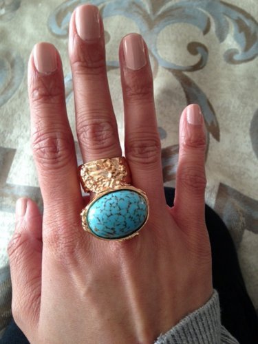 Arty Turquoise Ring Vintage Glass Oval Stone Statement Gold Size 6