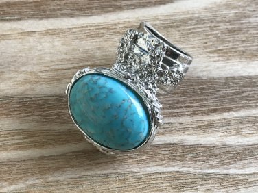 Arty Turquoise Ring Vintage Glass Oval Stone Statement Silver Size 5