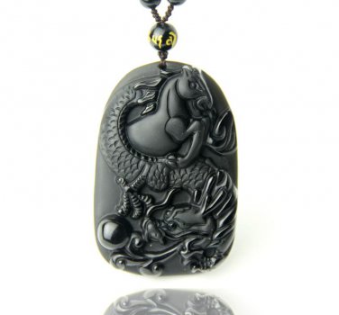 Natural obsidian stone dragon with horse pendant mighty dragon