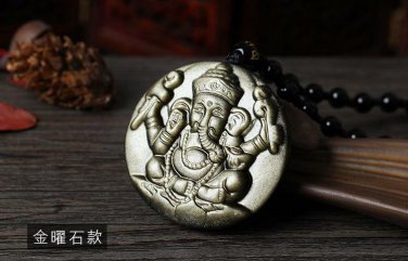 natural gold Obsidian stone Hand carved Elephant good luck charm pendant
