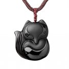 Hand carved natural Obsidian stone fox good luck  pendant necklace
