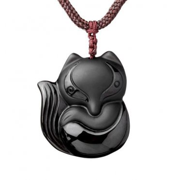 Hand carved natural Obsidian stone fox good luck  pendant necklace