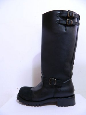 17 inches tall engineer boots leather backwards toe two belts at shaft top, new.