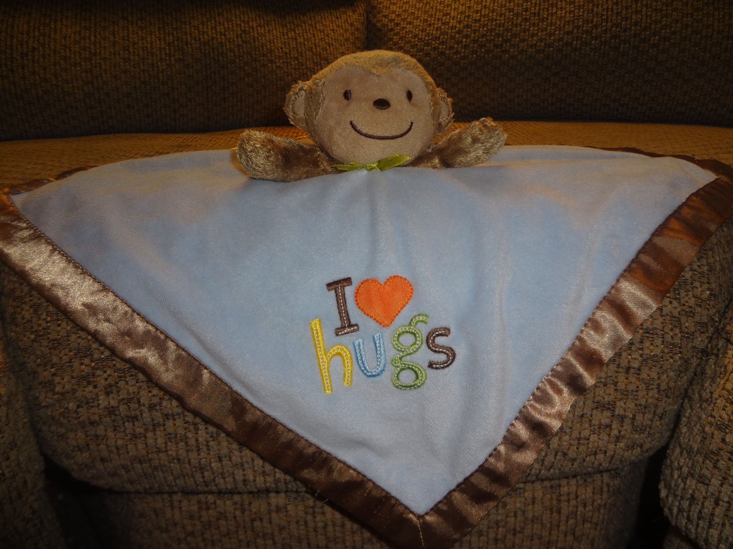 Carters Just One You Brown Monkey I Love Hugs Rattles Blue Security Blanket
