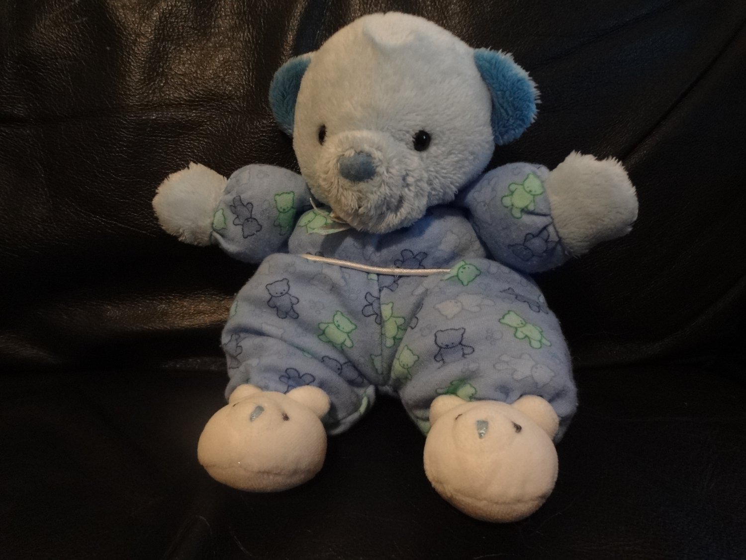 Carters Baby 96424 Green Blue Teddy Print Footy Pajamas Slipper Rattle Teddy Bear Lovey Plush