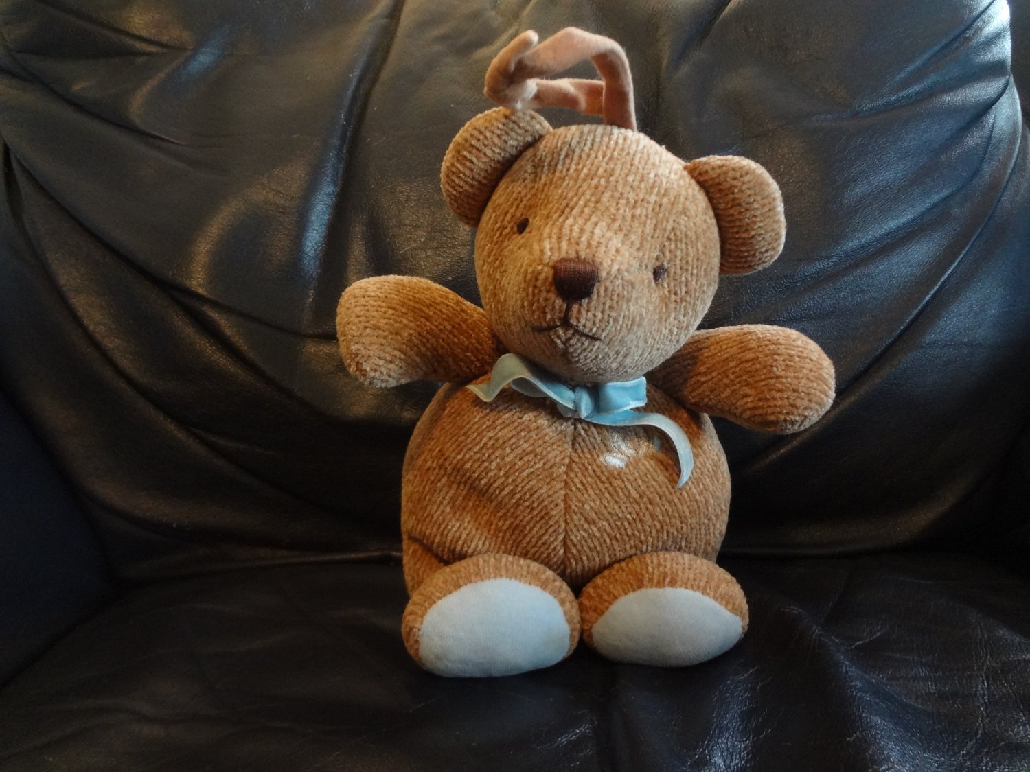 Vintage Carters Classics Brown Knit Teddy Bear Light Blue Bow Musical Crib Pull Toy 11