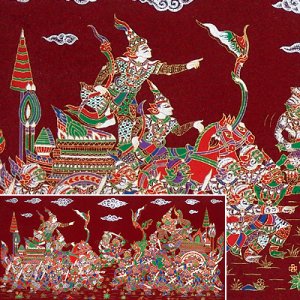 THAI SILK Large Silkscreen  Wall Hanging KINGS in BATTLE #15 Red &acirc;�� FREE Shipping WORLDWIDE