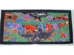 THAI SILK Large Silkscreen  Wall Hanging ELEPHANT WATERING HOLE #14 &acirc;�� FREE Shipping WORLDWIDE