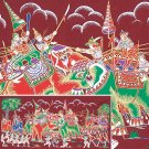 THAI SILK Large Silkscreen  Wall Hanging ELEPHANT WAR BATTLE #9 Red – FREE Shipping WORLD