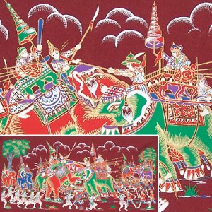 THAI SILK Large Silkscreen  Wall Hanging ELEPHANT WAR BATTLE #9 Red &acirc;�� FREE Shipping WORLD