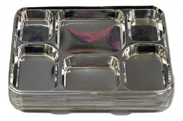 6 Compartments Silver Disposable Party Tray Thali Langar Plates 200 Pack