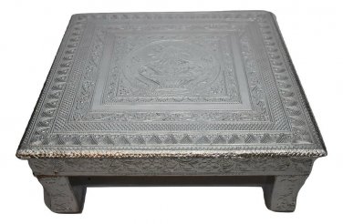 Puja Bajot Wooden Small Chowki Table Silver Kalash Chaurang - 15"