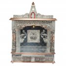 Pooja Mandir - Wooden Home Puja Temple  25" Oxidized Silver Color Mandir No Door