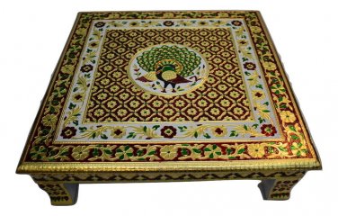 Puja Bajot Wooden Small Chowki Table Meenakari Peacock - 18" Pooja Bajot table