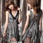 Geometric Patterns Lace V Neck Dress Black