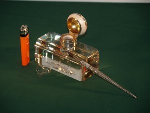 Antique Glass Crystal Writing / Silver Gilt & Enamelled Desk Set & inkwell.