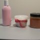 strawberry scrub, lotion, dead sea salt