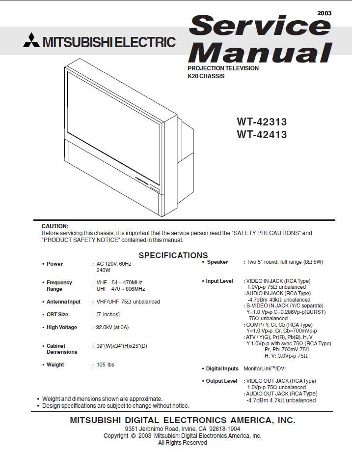 MITSUBISHI WT42313 WT42413 TV SERVICE REPAIR MANUAL