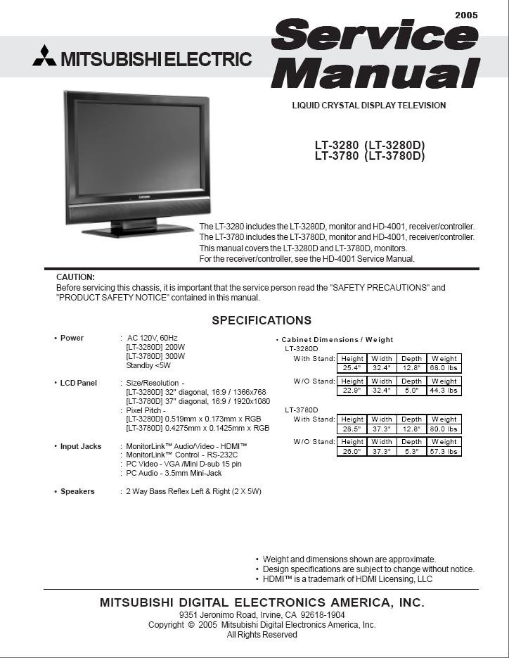 MITSUBISHI LT3280 LT3280D LT3780 LT3780D LCD TV SERVICE REPAIR MANUAL