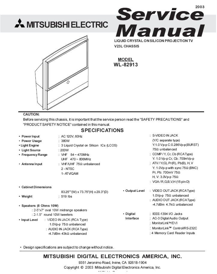 MITSUBISHI WL82913 FACTORY TV SERVICE REPAIR MANUAL