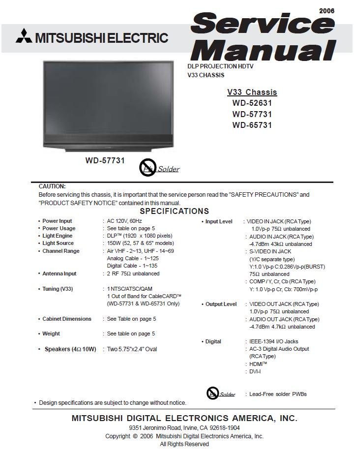 MITSUBISHI WD-52631 WD-57731 WD-65731 TV SERVICE REPAIR MANUAL