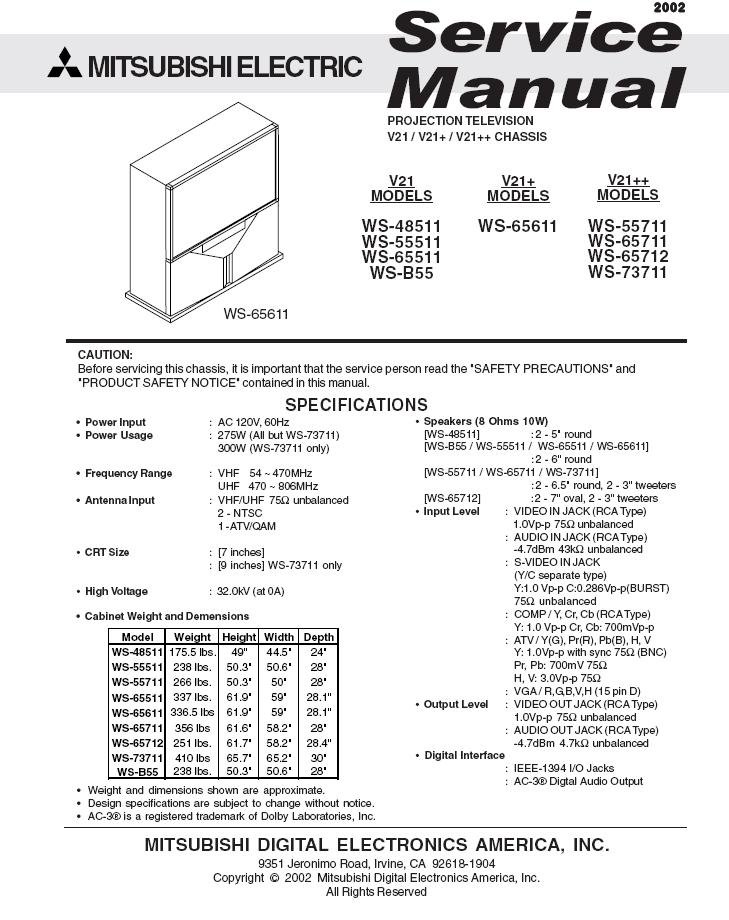 MITSUBISHI WS-48511 WS-55511 WS-65511 WS-B55 WS-65611 WS-55711 WS-65711 WS-73711 TV SERVICE MANUAL